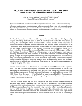 Valuation of Ecosystem Service of the Laguna Lake Basin: Erosion Control and Flood Water Retention