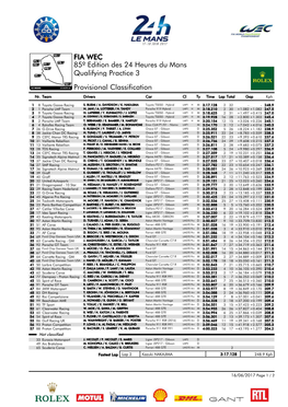 FIA WEC 85º Edition Des 24 Heures Du Mans Qualifying Practice 3 Provisional Classification Nr