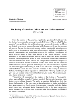 The Society of American Indians and the “Indian Question,” 1911–1923