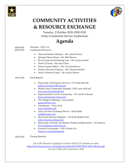 COMMUNITY ACTIVITIES & RESOURCE EXCHANGE Agenda