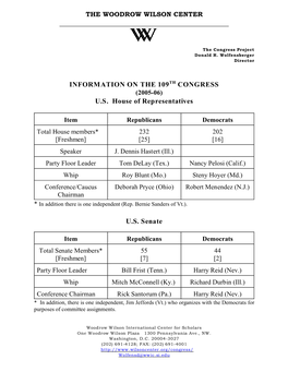 INFORMATION on the 109TH CONGRESS U.S. House Of