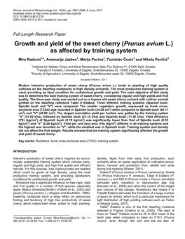 Growth and Fruit Bearing of the Sweet Cherry (Prunus Avium L