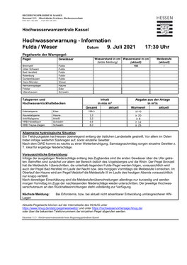Hochwasserwarnung - Information Fulda / Weser Datum 9