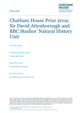 Chatham House Prize 2019: Sir David Attenborough and BBC Studios’ Natural History Unit