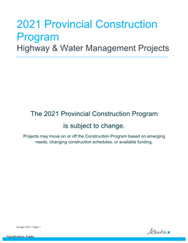 2021 Provincial Construction Program Highway & Water Management Projects