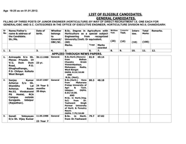 List of Eligible Candidates. General Candidates. Filling up Three Posts of Junior Engineer (Horticulture) by Way of Direct Recruitment I.E