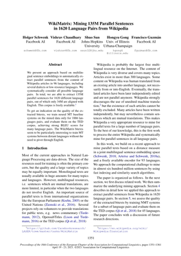 Wikimatrix: Mining 135M Parallel Sentences in 1620 Language Pairs from Wikipedia