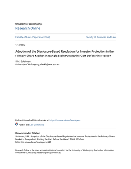 Adoption of the Disclosure-Based Regulation for Investor Protection in the Primary Share Market in Bangladesh: Putting the Cart Before the Horse?