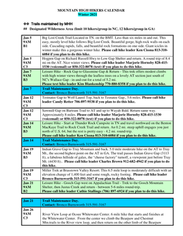 MOUNTAIN HIGH HIKERS CALENDAR Winter 2021 Trails Maintained by MHH Trails Maintained by MHH Trails Maintained by MHH