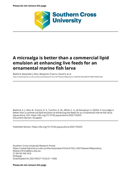 A Microalga Is Better Than a Commercial Lipid Emulsion at Enhancing Live Feeds for an Ornamental Marine Fish Larva