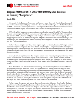 Prepared Statement of Eff Senior Staff Attorney Kevin Bankston on Immunity “Compromise” June 18, 2008