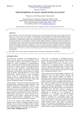 8 Thienopyridines: Platelet Adp Receptor Antagonist