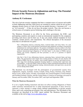Private Security Forces in Afghanistan and Iraq: the Impact of the Montreux Document