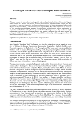 Becoming an Active Basque Speaker During the Bilbao Festival Week Hanna Lantto University of Eastern Finland Hanna.Lantto@Uef.Fi Abstract