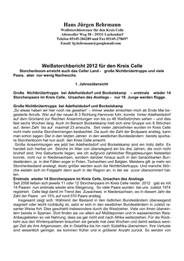 Weißstorchbericht 2012 Für Den Kreis Celle Storchenboom Erreicht Auch Das Celler Land - Große Nichtbrütertrupps Und Viele Paare, Aber Nur Wenig Nachwuchs