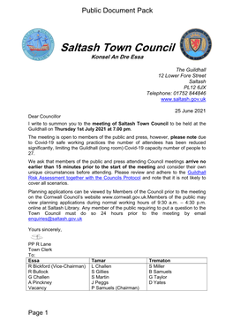 (Public Pack)Agenda Document for Saltash Town Council, 01/07/2021
