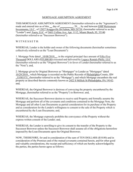 MORTGAGE ASSUMPTION AGREEMENT THIS MORTGAGE ASSUMPTION AGREEMENT (Hereinafter Referred to As the "Agreement") Made