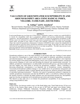 Valuation of Groundwater Susceptibility in and Around Ranipet Area Using Radical Index, Vellore, Tamilnadu, South India