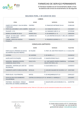 FARMÁCIAS DE SERVIÇO PERMAMENTE a Farmácia Mantêm-Se Em Funcionamento Desde a Hora De Abertura Até À Hora Do Encerramento Do Dia Seguinte