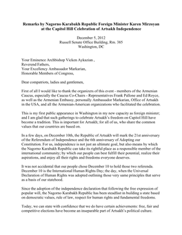 Remarks by Nagorno Karabakh Republic Foreign Minister Karen Mirzoyan at the Capitol Hill Celebration of Artsakh Independence