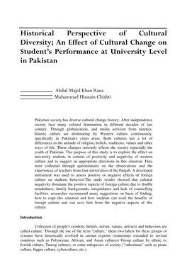 Historical Perspective of Cultural Diversity; an Effect of Cultural Change on Student’S Performance at University Level in Pakistan