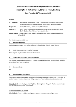 Coppabella Wind Farm Community Consultation Committee Meeting No 8 – Café on Queen, 15 Queen Street, Binalong 6Pm Thursday 28Th November 2019