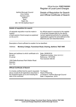 Register of Local Land Charges Details of Requisition for Search