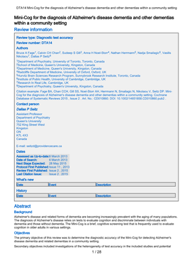 DTA14 Mini-Cog for the Diagnosis of Alzheimer's Disease Dementia and Other Dementias Within a Community Setting
