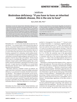 Biotinidase Deficiency: “If You Have to Have an Inherited Metabolic