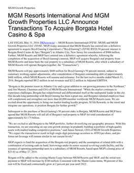 MGM Resorts International and MGM Growth Properties LLC Announce Transactions to Acquire Borgata Hotel Casino &