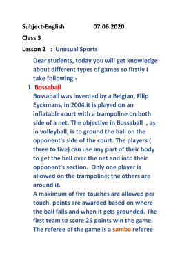 Subject-English 07.06.2020 Class 5 Lesson 2 : Unusual Sports Dear