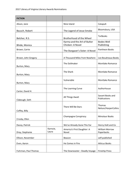 2017 Library of Virginia Literary Awards Nominations
