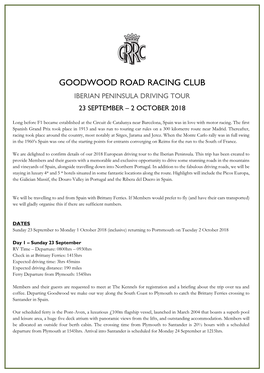 Goodwood Road Racing Club Iberian Peninsula Driving Tour 23 September – 2 October 2018