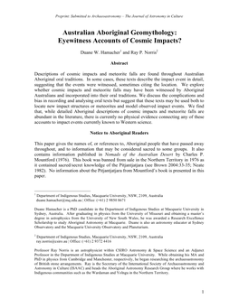 Australian Aboriginal Geomythology: Eyewitness Accounts of Cosmic Impacts?