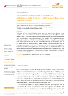 Adaptation of the Spatial Pattern of a Settlement to Disaster in Simeulue Regency, Aceh Province Ahmad Nubli Gadeng1, Enok Maryani2, and Ramli Gadeng3