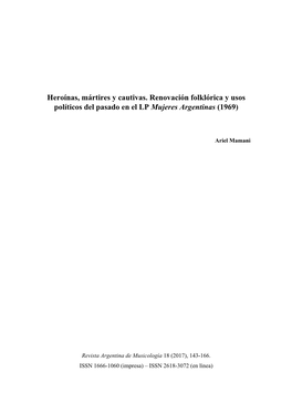 Heroínas, Mártires Y Cautivas. Renovación Folklórica Y Usos Políticos Del Pasado En El LP Mujeres Argentinas (1969)
