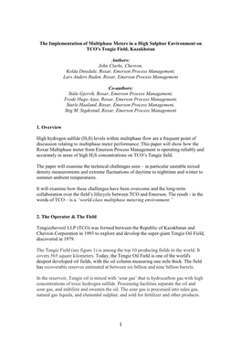 1 the Implementation of Multiphase Meters in a High Sulphur