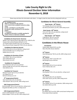 Lake County Right to Life Illinois General Election Voter Information November 6, 2018