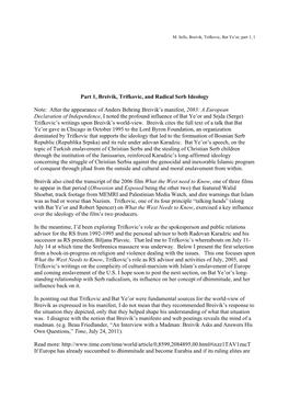 Part 1, Breivik, Trifkovic, and Radical Serb Ideology Note: After The