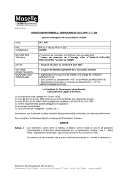 Arrete Departemental Temporaire N° 2021–Dpat / T - 058