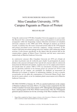 Miss Canadian University, 1970: Campus Pageants As Places of Protest