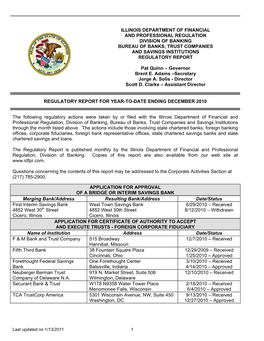 Illinois Department of Financial and Professional Regulation Division of Banking Bureau of Banks, Trust Companies and Savings Institutions Regulatory Report