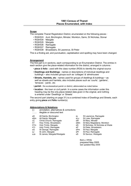 1861 Census of Thanet Places Enumerated, with Index