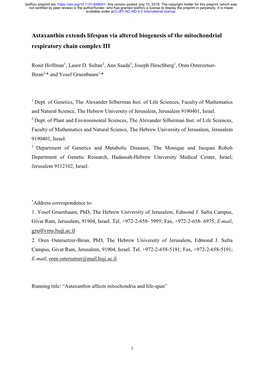 Astaxanthin Extends Lifespan Via Altered Biogenesis of the Mitochondrial Respiratory Chain Complex III