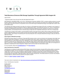 Twist Bioscience Enhances DNA Storage Capabilities Through Agreement with Imagene SA