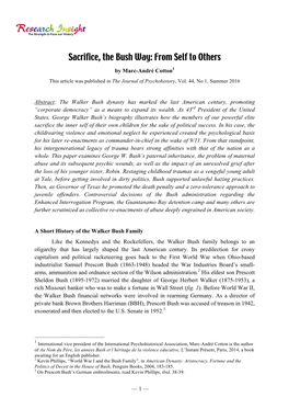 Sacrifice, the Bush Way: from Self to Others by Marc-André Cotton1 This Article Was Published in the Journal of Psychohistory, Vol