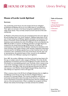 House of Lords: Lords Spiritual Table of Contents Summary Summary 1