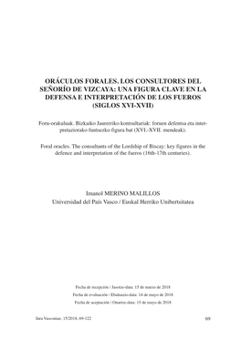 Oráculos Forales. Los Consultores Del Señorío De Vizcaya: Una Figura Clave En La Defensa E Interpretación De Los Fueros (Siglos XVI-XVII)