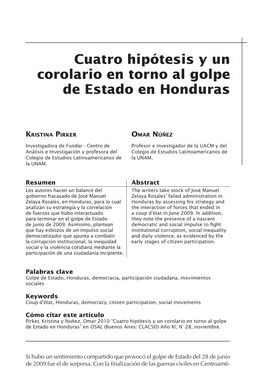 Cuatro Hipótesis Y Un Corolario En Torno Al Golpe De Estado En Honduras