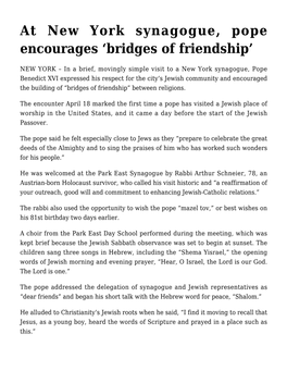 At New York Synagogue, Pope Encourages 'Bridges of Friendship'